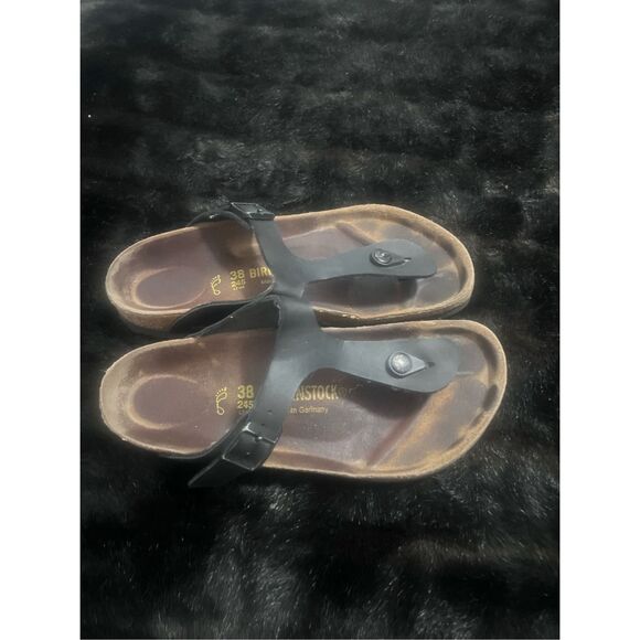 Birkenstock Size 7.5 38 Gizeh Birko Flor Sandals Black Leather Buckle - Picture 2 of 5